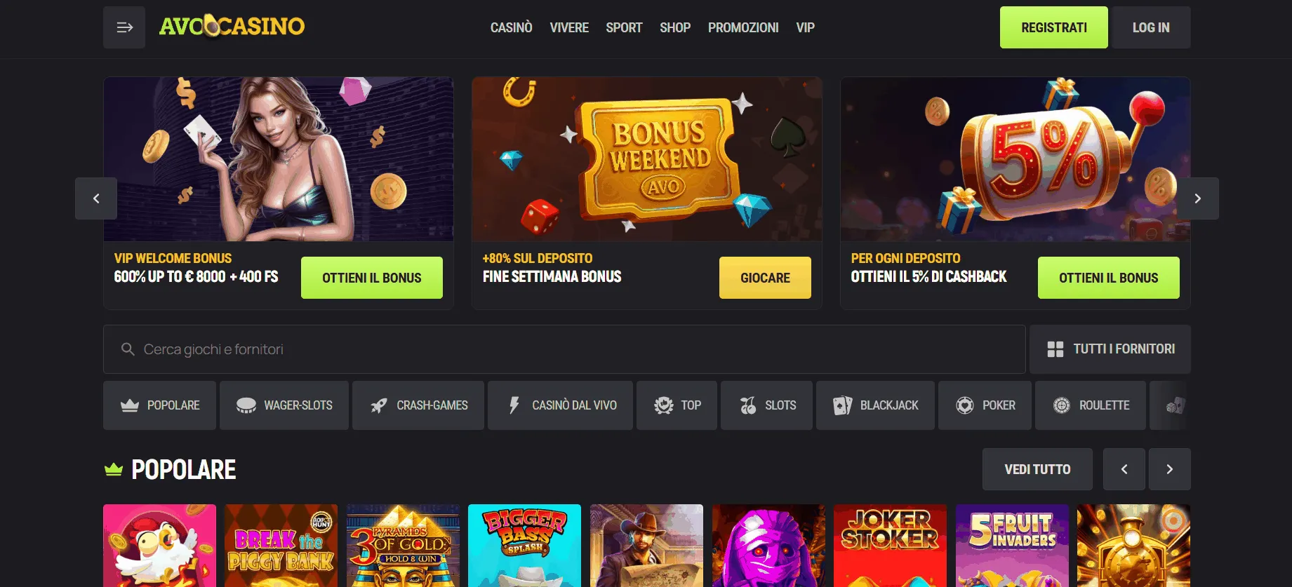 Sito web del casinò online AvoCasino Pagina iniziale AvoCasino Casino